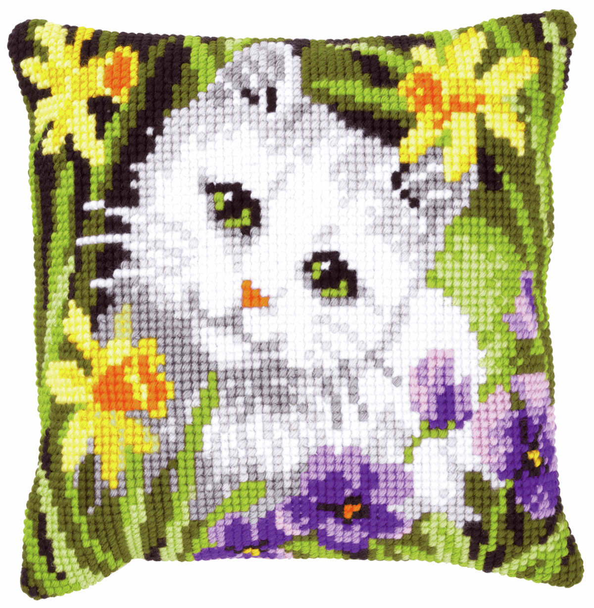 White Cat in Daffodils - Vervaco Cushion Cross Stitch Kit PN-0147362
