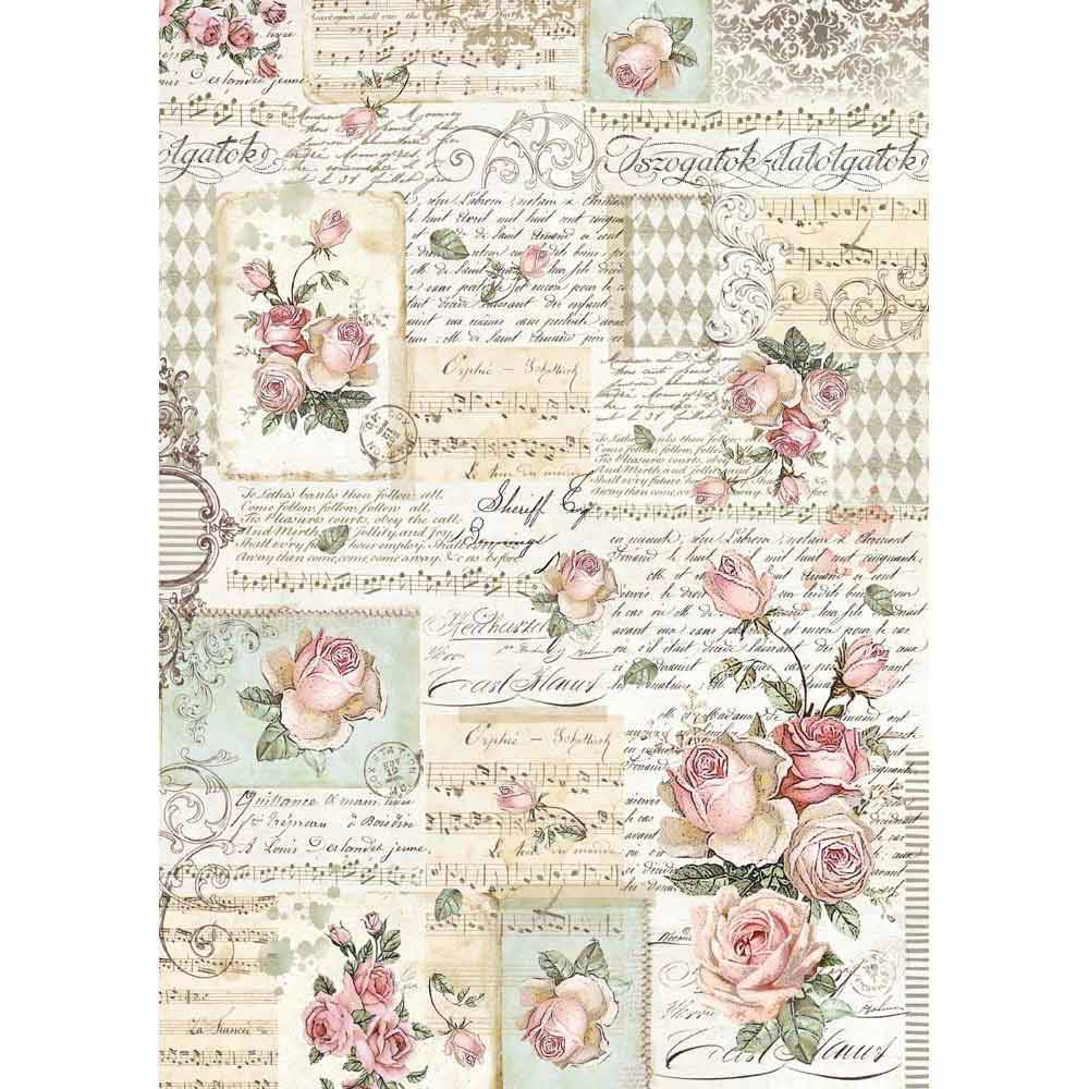 Stamperia Rice Paper A3 Roses & Manuscripts DFSA3008 for Decoupage