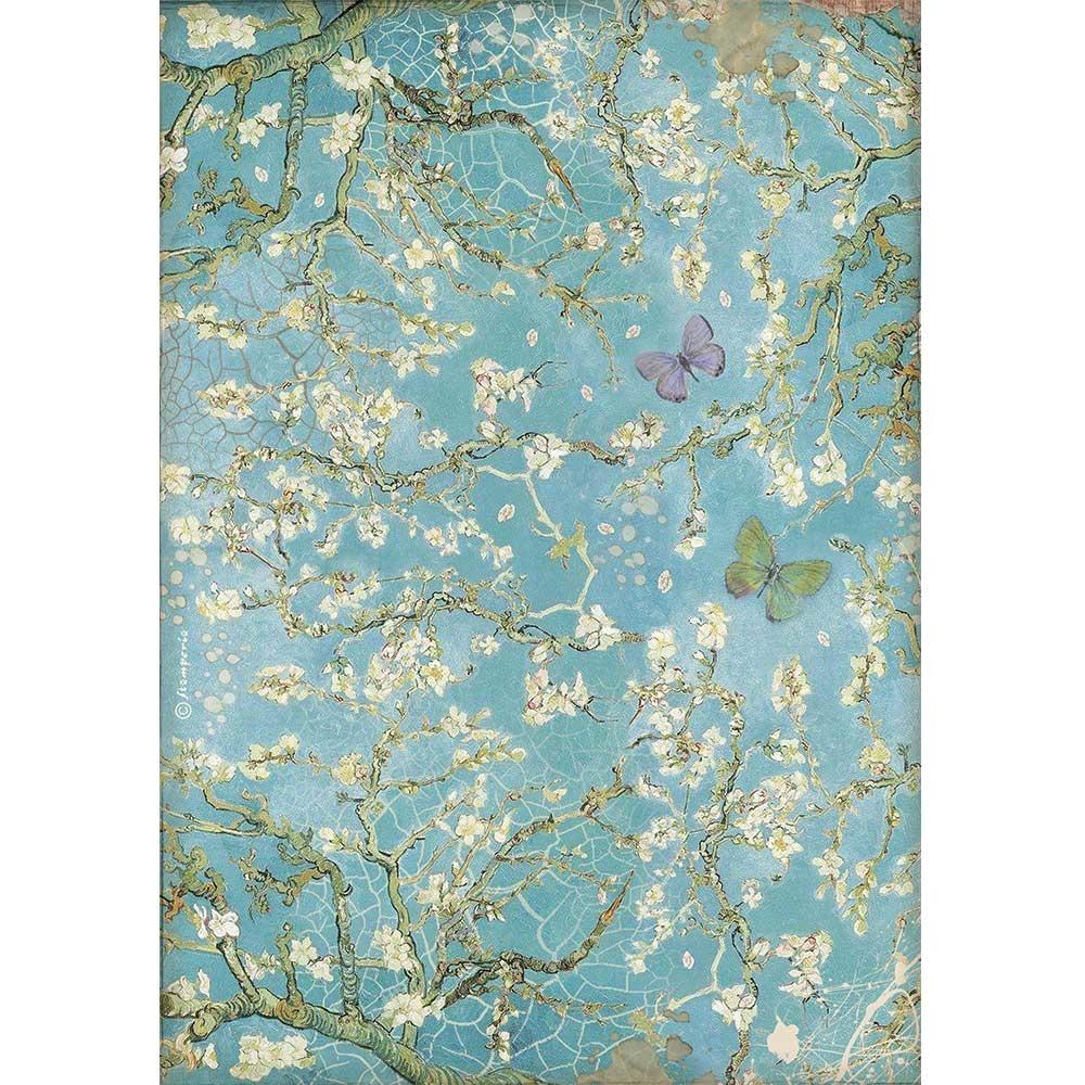 Stamperia Rice Paper A4 Atelier Blossom Blue Background with Butterfly (DFSA4546)