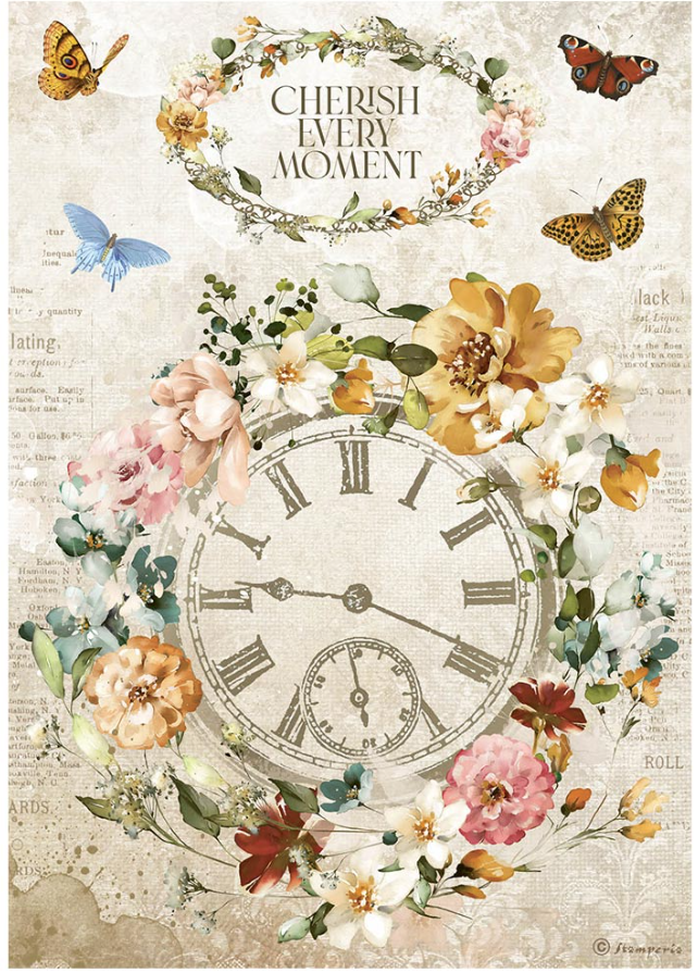 Stamperia Rice Paper A4 Garden of Promises Cherish Every Moment Clock (DFSA4689)