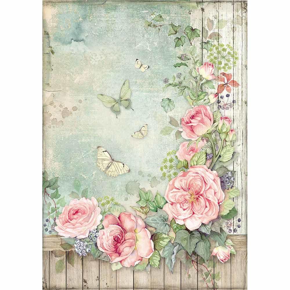 Stamperia Rice paper A4 Roses Garden with Fence (DFSA4450) for Decoupage