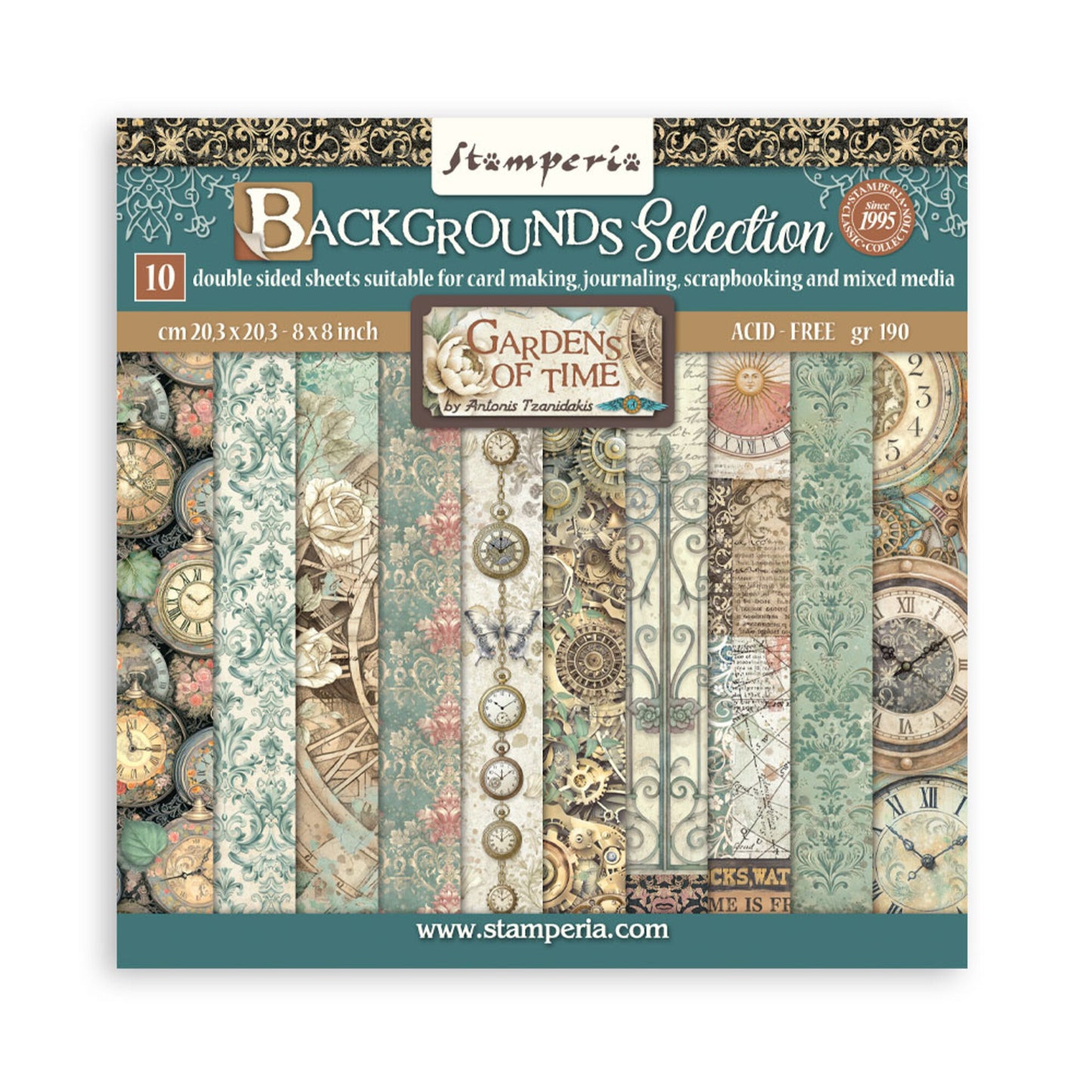 Stamperia Gardens of Time 8x8 Inch Paper Pack Maxi Background Selection by Antonis Tzanidakis (SBBS142)