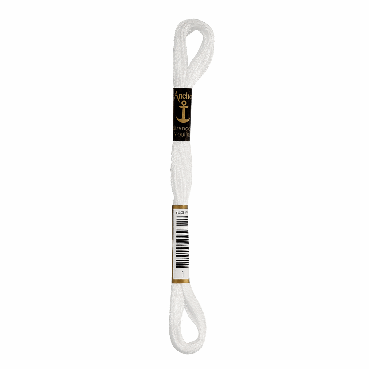 A skein of white embroidery thread labeled 'Anchor', with a barcode and the brand's anchor logo at the top.