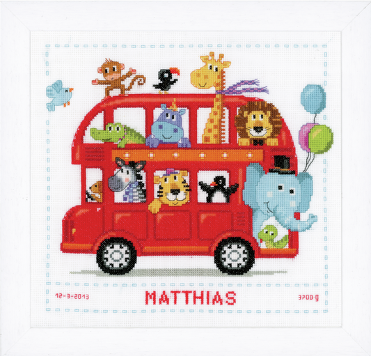 Funny Bus Birth Sampler -  Vervaco Counted Cross Stitch Kit PN-0147691
