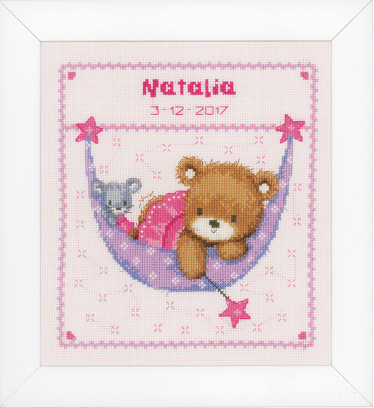 Little Bear in Hammock Birth Sampler -  Vervaco Counted Cross Stitch Kit PN-0148471