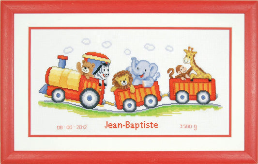 Animal Safari Train Birth Record -  Vervaco Counted Cross Stitch Kit PN-0145025