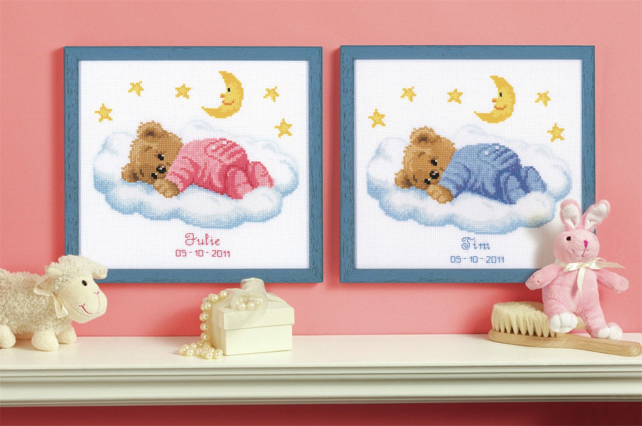 Teddy on Clouds Birth Record -  Vervaco Counted Cross Stitch Kit PN-0011815