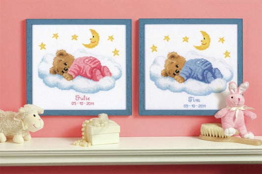 Teddy on Clouds Birth Record -  Vervaco Counted Cross Stitch Kit PN-0011815