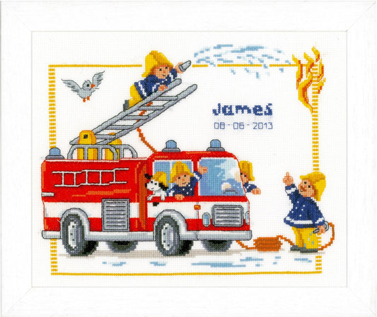 Fire Engine Birth Record -  Vervaco Counted Cross Stitch Kit PN-0145601