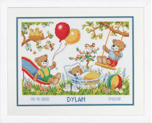 Teddies in Garden Birth Record -  Vervaco Counted Cross Stitch Kit PN-0011997