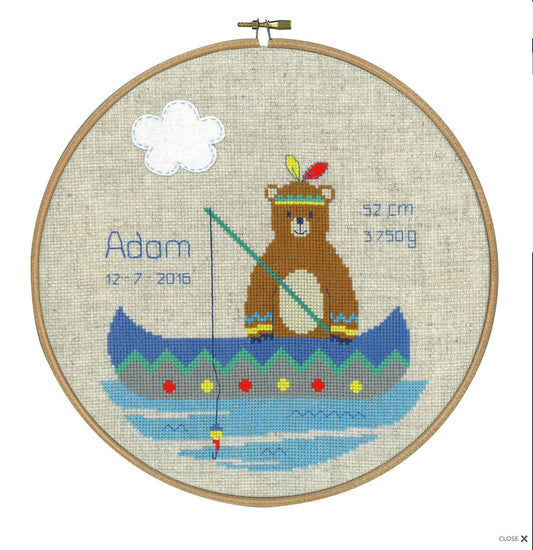 Lief! Indian Bear in Canoe Birth Record -  Vervaco Counted Cross Stitch Kit PN-0145192