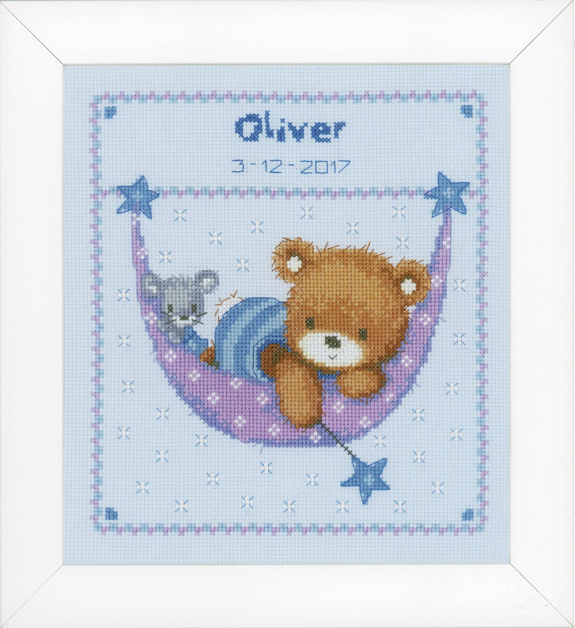 Little Bear in a Hammock - Baby Birth Sampler -  Vervaco Counted Cross Stitch Kit PN-0150993