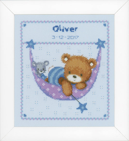 Little Bear in a Hammock - Baby Birth Sampler -  Vervaco Counted Cross Stitch Kit PN-0150993
