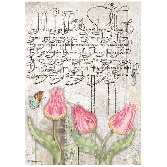 Stamperia A4 Rice Paper Romantic Garden House Tulips (DFSA4666)