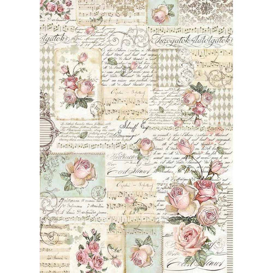 Stamperia Rice Paper A3 Roses & Manuscripts DFSA3008 for Decoupage