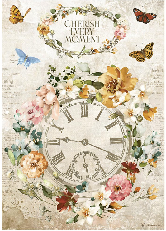 Stamperia Rice Paper A4 Garden of Promises Cherish Every Moment Clock (DFSA4689)