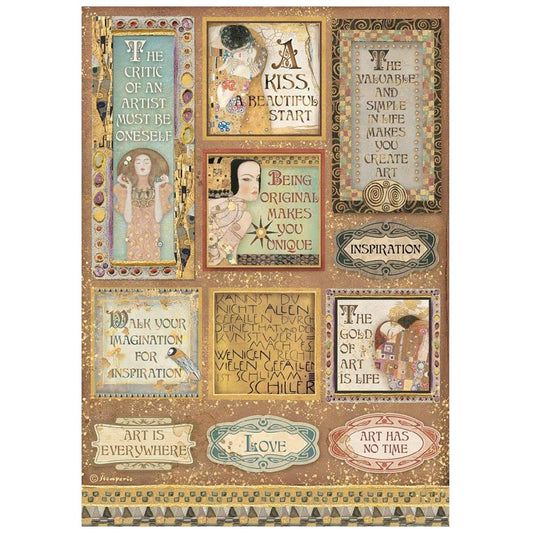 Stamperia Rice Paper A4 Klimt Quotes and Labels (DFSA4641)