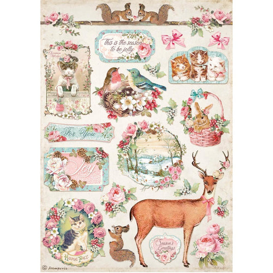 Stamperia Rice Paper A4 Pink Christmas Deer (DFSA4628) -|