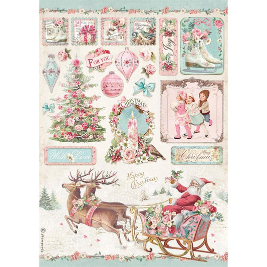 Stamperia Rice Paper A4 Pink Christmas Sleigh (DFSA4629) -|