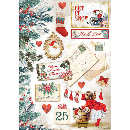 Stamperia Rice Paper A4 Romantic Christmas Let it Snow Cards (DFSA4614)