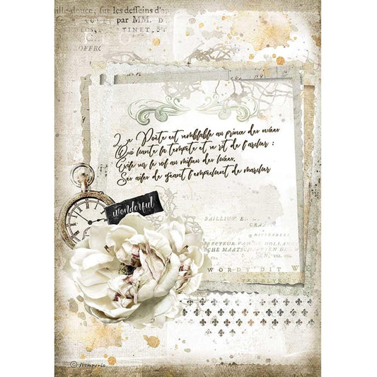 Stamperia Rice Paper A4 Romantic Journal Manuscript and Clock (DFSA4557)