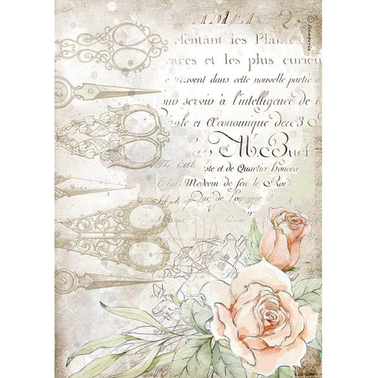 Stamperia Rice Paper A4 Romantic Threads Scissors and Roses (DFSA4565)
