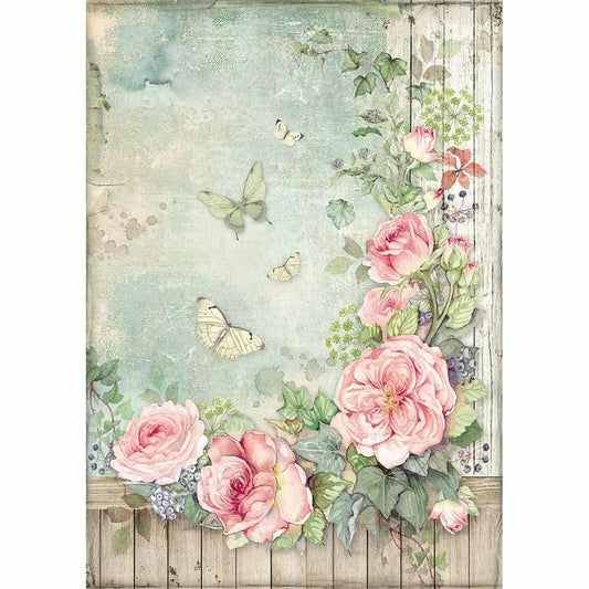 Stamperia Rice paper A4 Roses Garden with Fence (DFSA4450) for Decoupage