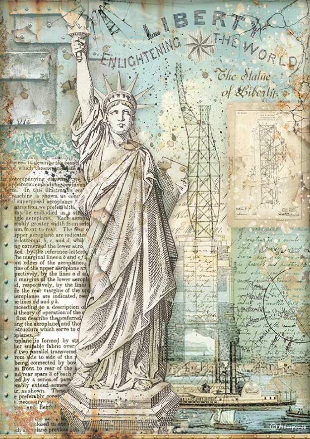 Stamperia Rice Paper A4 Sir Vagabond Aviator Statue of Liberty (DFSA4702)