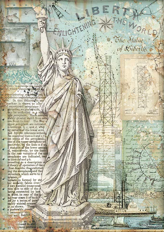Stamperia Rice Paper A4 Sir Vagabond Aviator Statue of Liberty (DFSA4702)