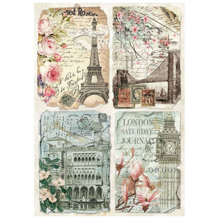 Stamperia Rice Paper A4 Vintage Postcards DFSA4225 for Decoupage