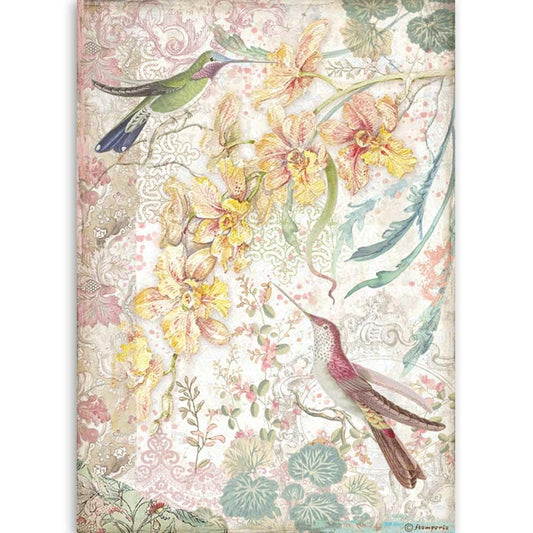 Stamperia Rice Paper A4 Yellow Orchids and Birds (DFSA4510) -|