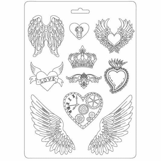 Stamperia Soft Maxi Mould A4 Hearts & Wings (K3PTA448)